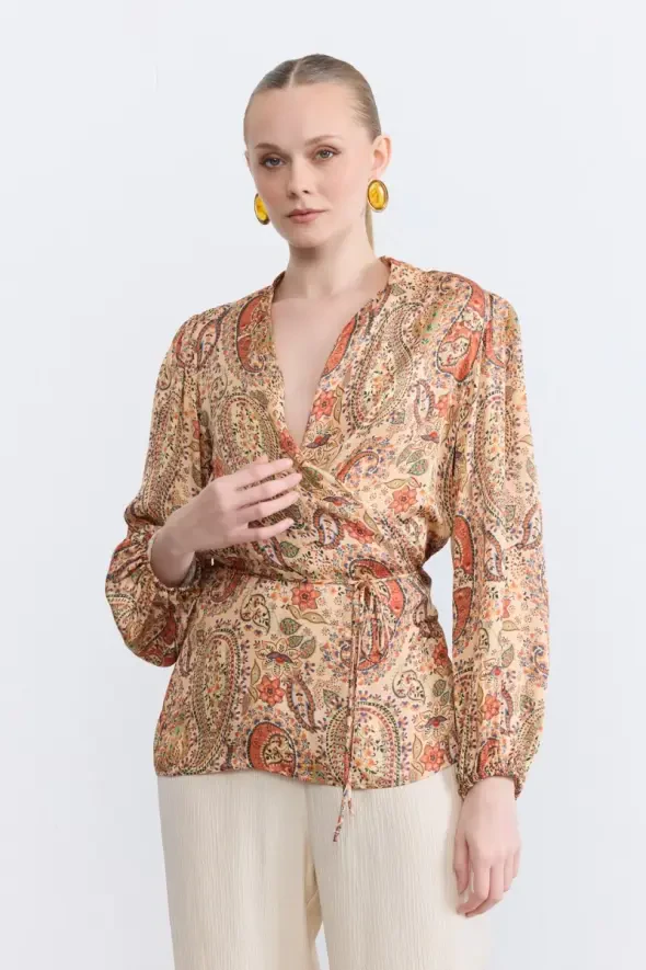 Wrap Cut Patterned Blouse - Orange - Gusto