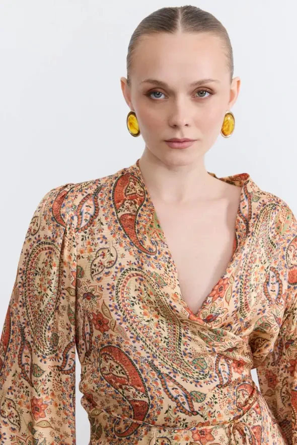 Wrap Cut Patterned Blouse - Orange - 4