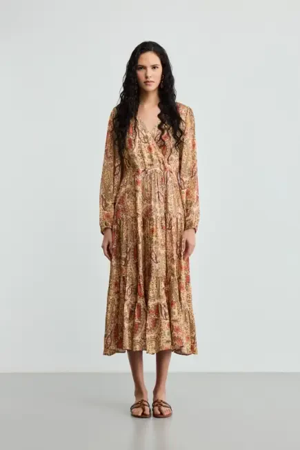 Wrap Cut Patterned Dress - Orange Orange