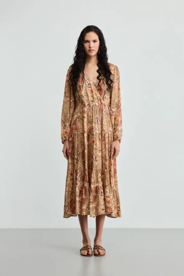 Wrap Cut Patterned Dress - Orange - 1