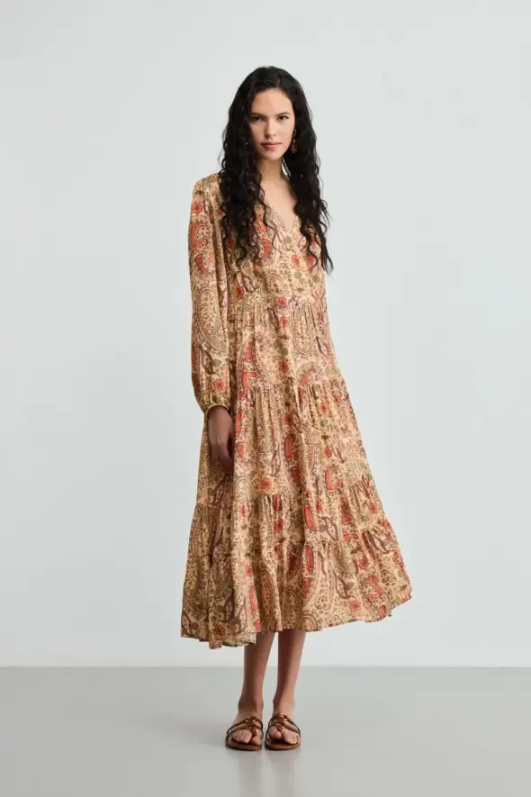 Wrap Cut Patterned Dress - Orange - 2