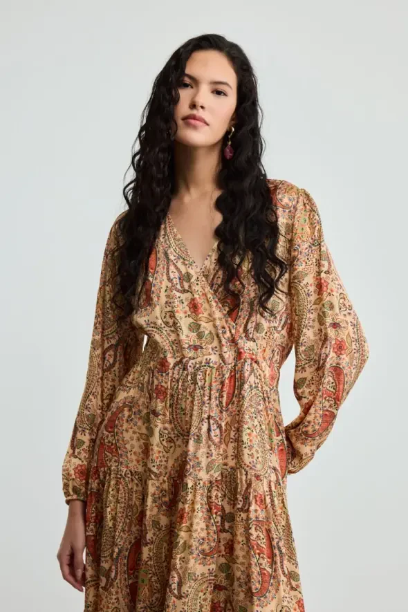 Wrap Cut Patterned Dress - Orange - 3