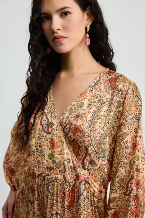 Wrap Cut Patterned Dress - Orange - 4