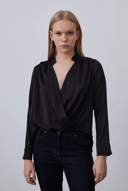 Wrap Cut Satin Blouse - Black Black