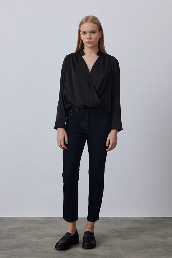 Wrap Cut Satin Blouse - Black - 2