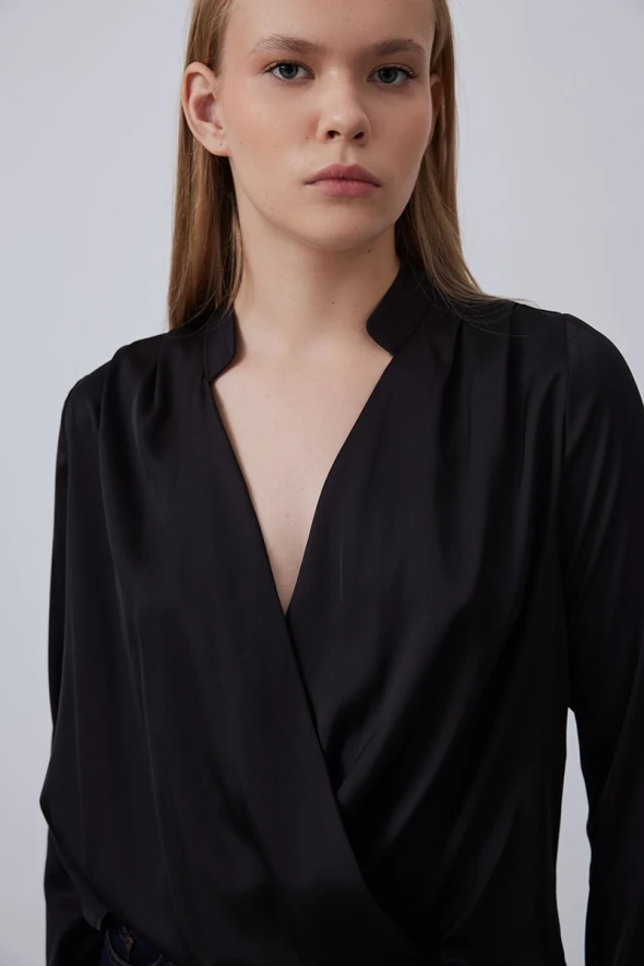 Wrap Cut Satin Blouse - Black - 3