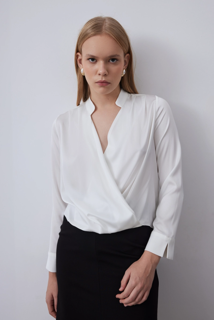 Wrap Cut Satin Blouse - Ecru Ecru