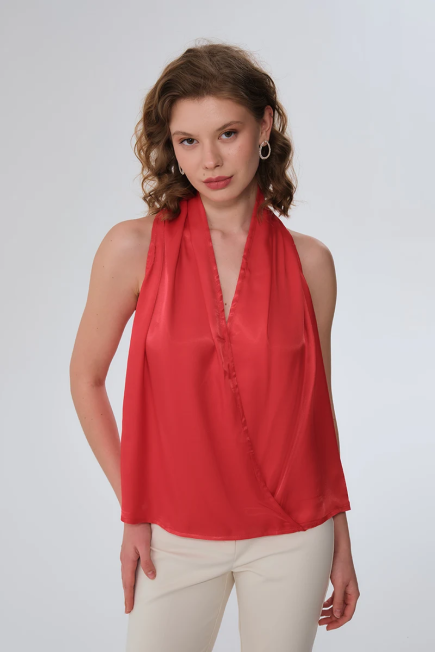 Wrap Cut Satin Blouse - Red Red
