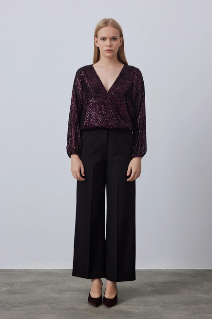 Wrap Cut Sequin Blouse - Plum Marroon