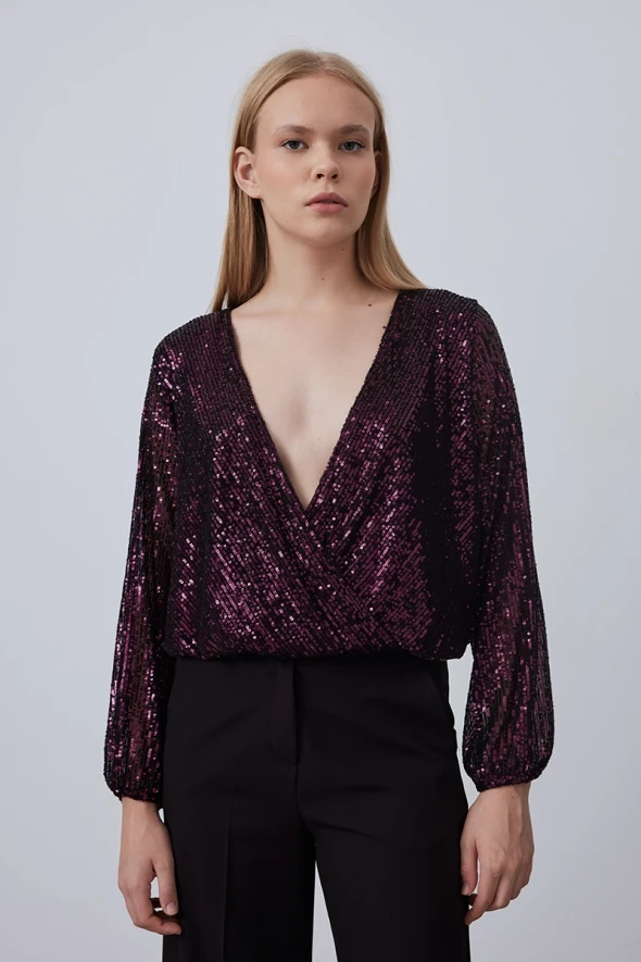 Wrap Cut Sequin Blouse - Plum - 2