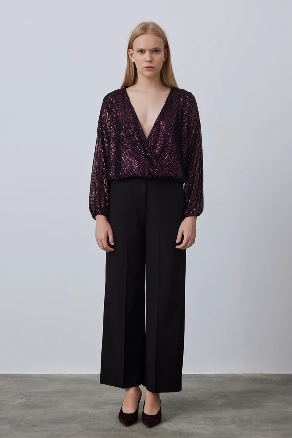 Wrap Cut Sequin Blouse - Plum - 3