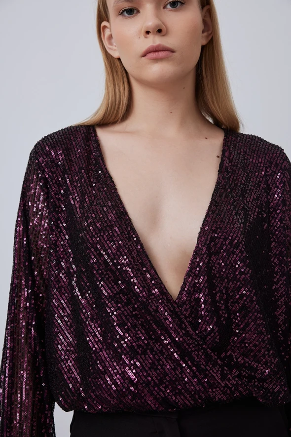 Wrap Cut Sequin Blouse - Plum - 4