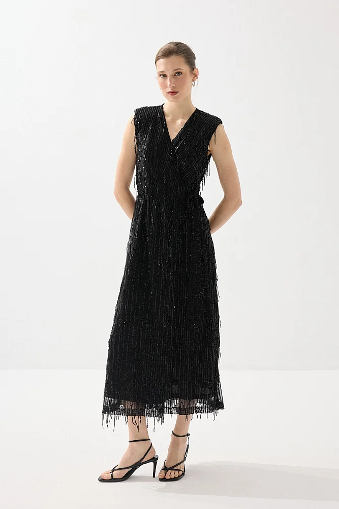 Wrap Cut Sequin Long Evening Dress - Black Black