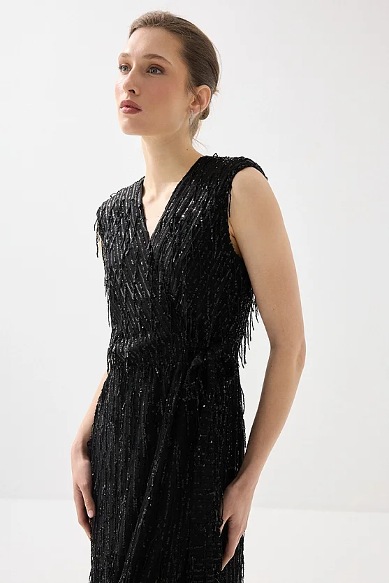 Wrap Cut Sequin Long Evening Dress - Black - Gusto