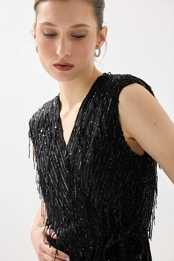 Wrap Cut Sequin Long Evening Dress - Black - Gusto