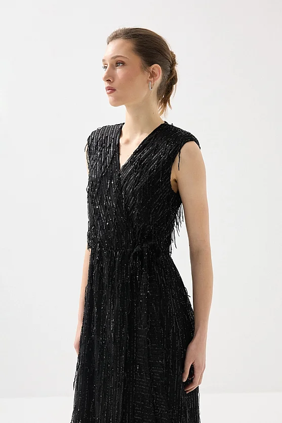 Wrap Cut Sequin Long Evening Dress - Black - Gusto