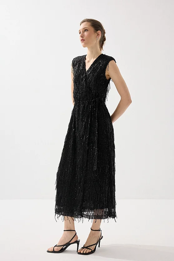 Wrap Cut Sequin Long Evening Dress - Black - Gusto