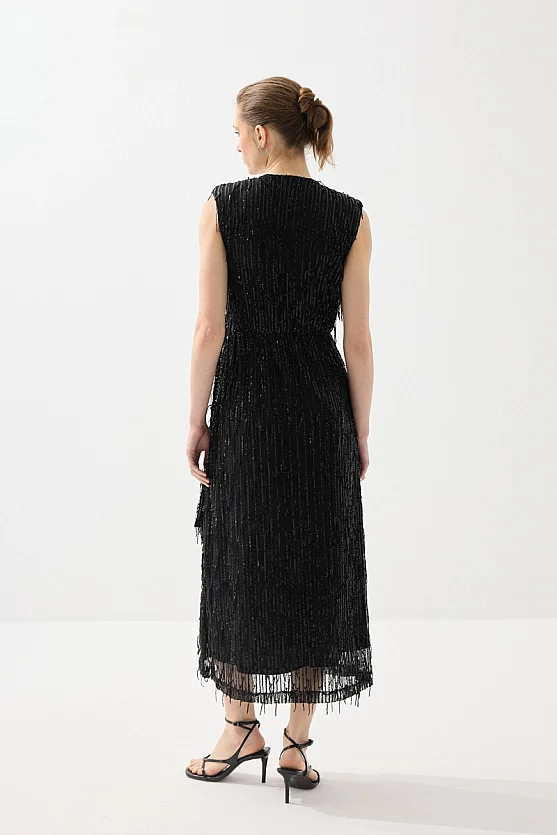Wrap Cut Sequin Long Evening Dress - Black - 6