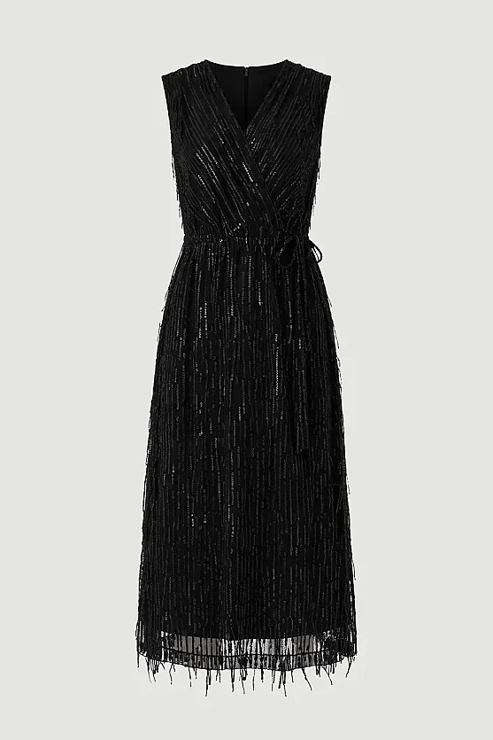 Wrap Cut Sequin Long Evening Dress - Black - Gusto