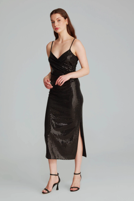 Wrap Cut Sequined Long Dress - Black Black