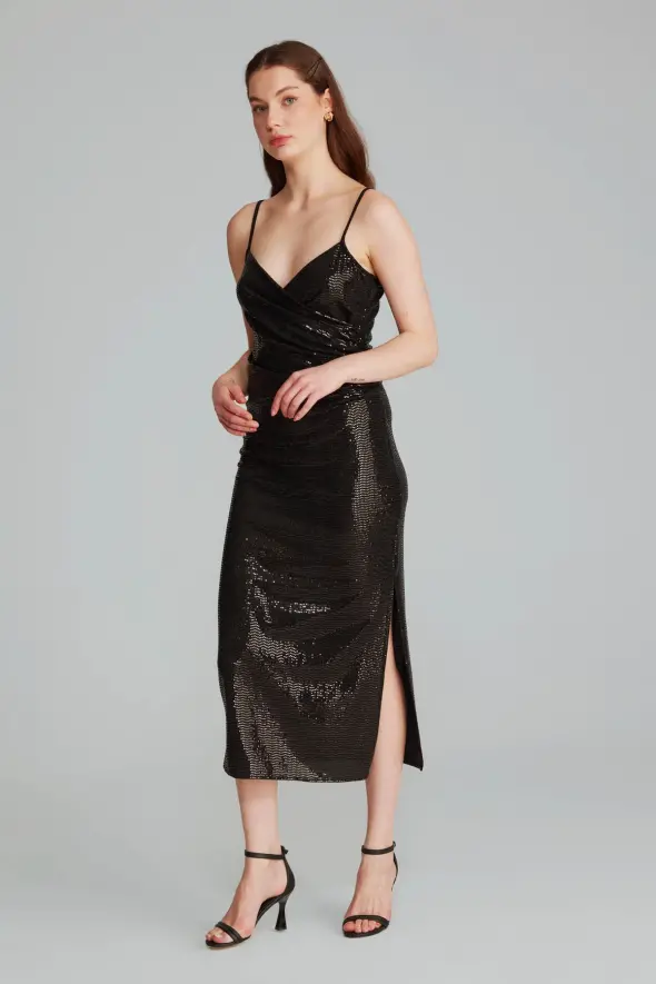 Wrap Cut Sequined Long Dress - Black - 1
