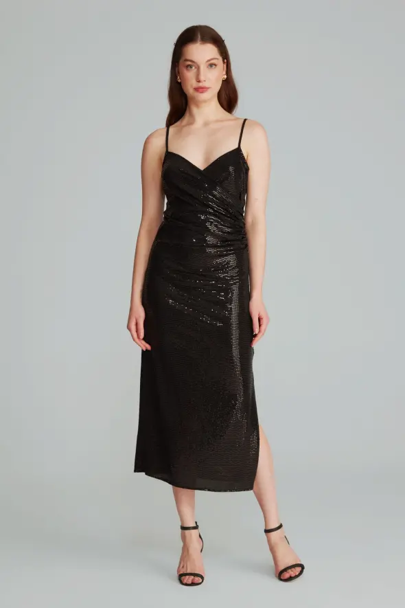 Wrap Cut Sequined Long Dress - Black - 3
