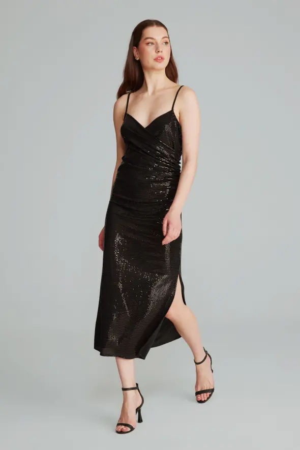 Wrap Cut Sequined Long Dress - Black - 2