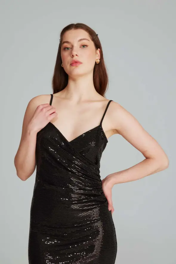 Wrap Cut Sequined Long Dress - Black - 4