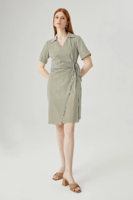 Wrap Cut Striped Dress - Khaki Khaki