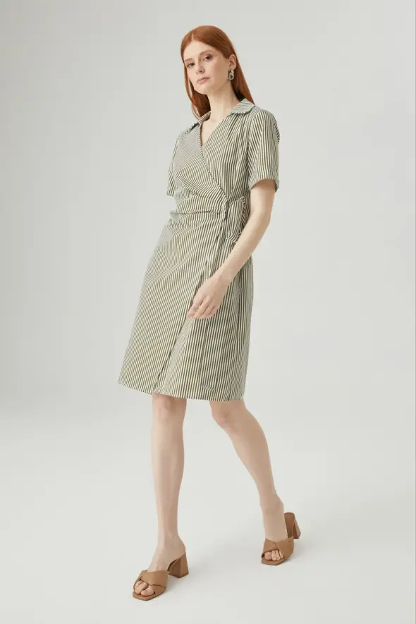 Wrap Cut Striped Dress - Khaki - 2