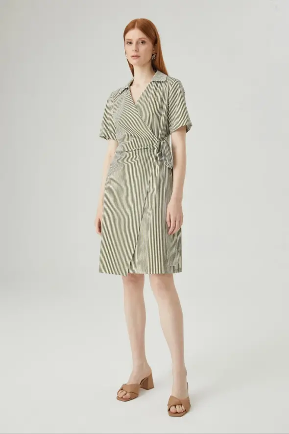 Wrap Cut Striped Dress - Khaki - 3