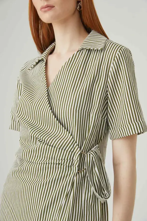 Wrap Cut Striped Dress - Khaki - 5