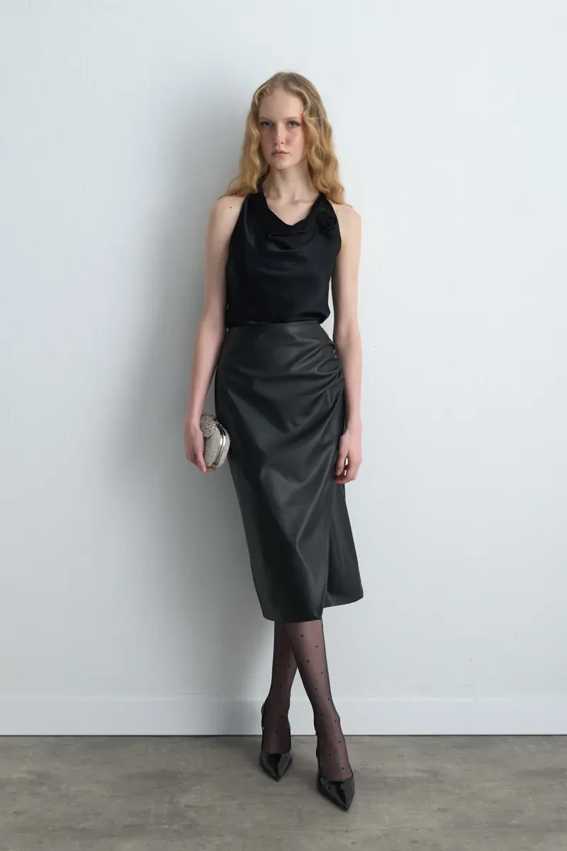 Wrap Leather Skirt - Black Black