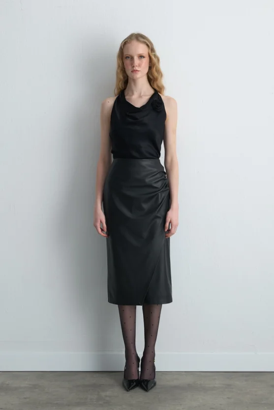 Wrap Leather Skirt - Black - Gusto