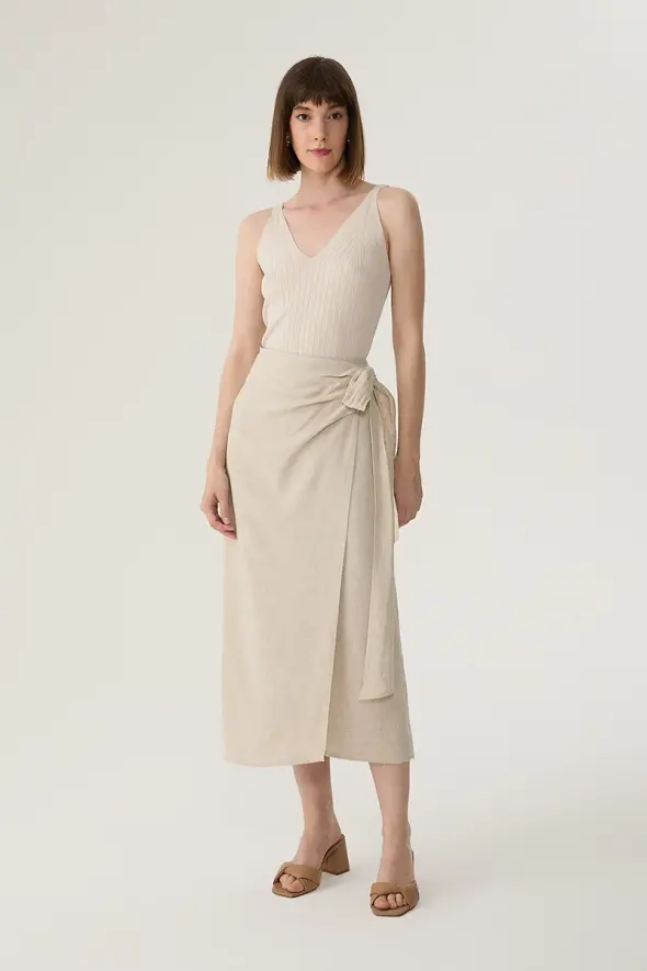 Wrap Linen Skirt - Beige - 2