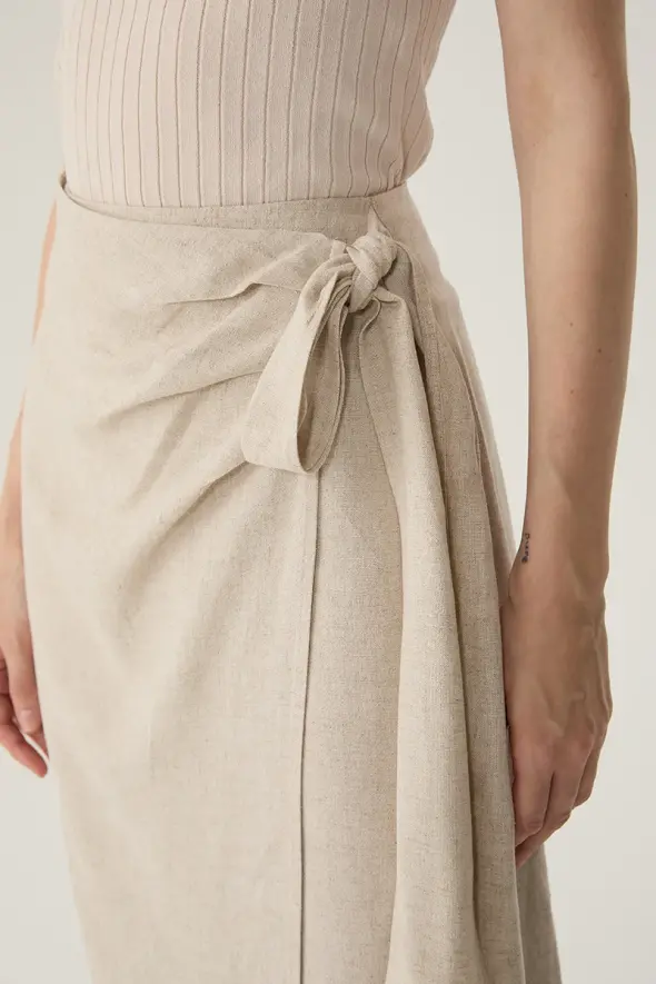 Wrap Linen Skirt - Beige - 3