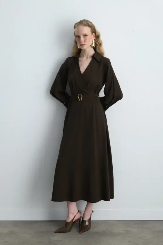 Wrap Long Lyocell Dress - Brown - Gusto