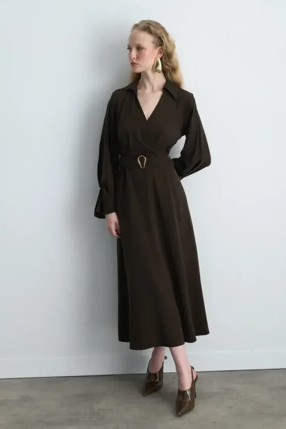 Wrap Long Lyocell Dress - Brown - 3
