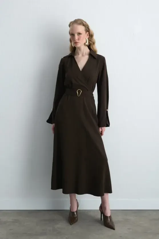 Wrap Long Lyocell Dress - Brown - 1
