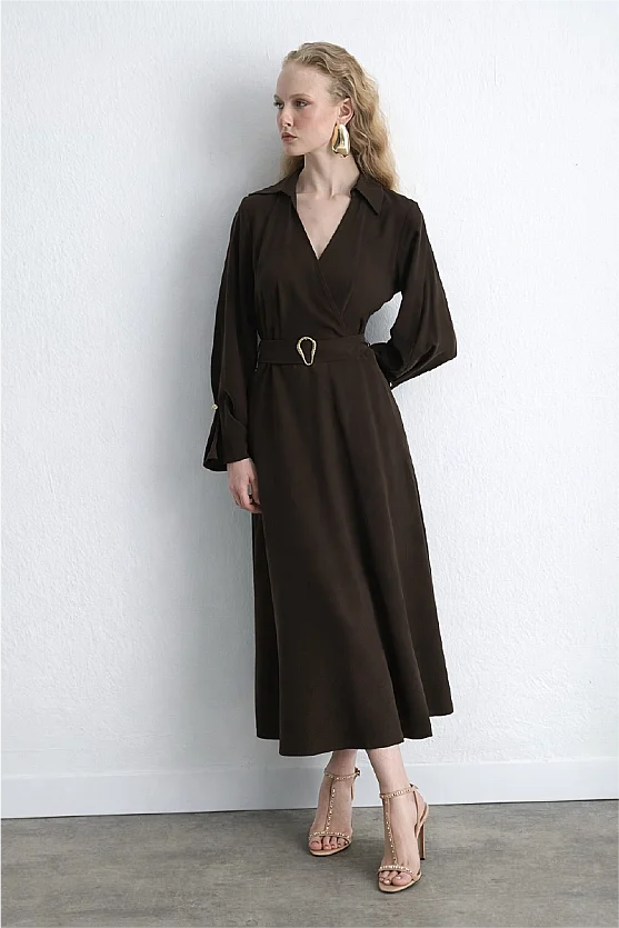 Wrap Long Lyocell Dress Brown - Gusto