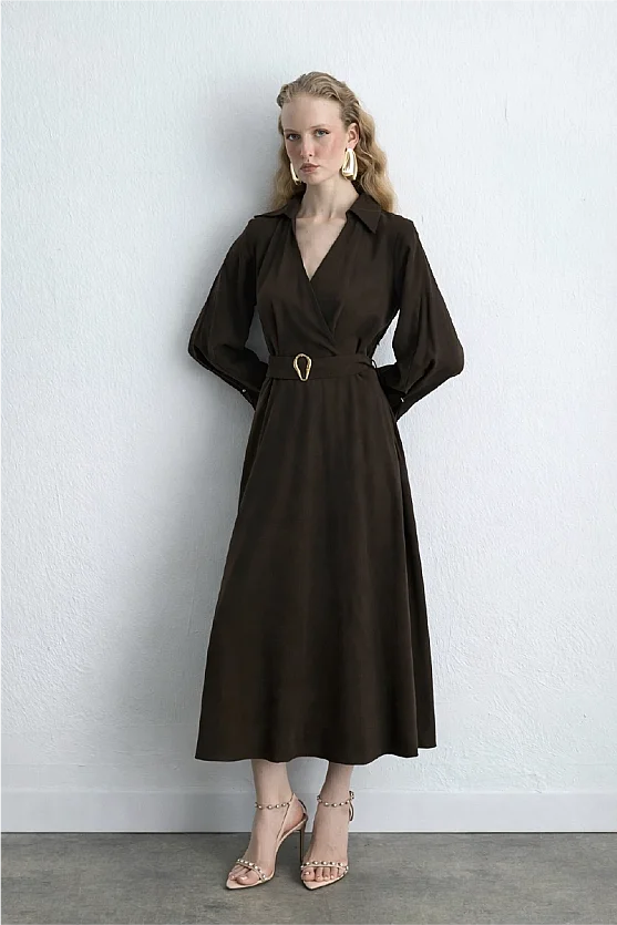 Wrap Long Lyocell Dress Brown - Gusto