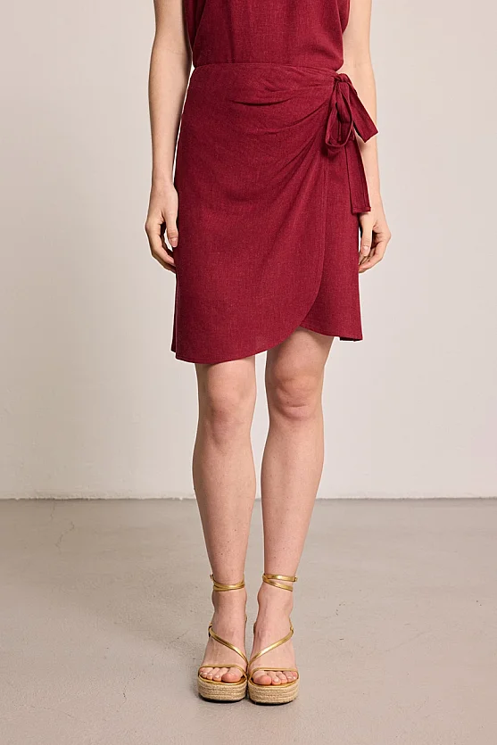 Wrap Mini Linen Skirt - Burgundy - 2