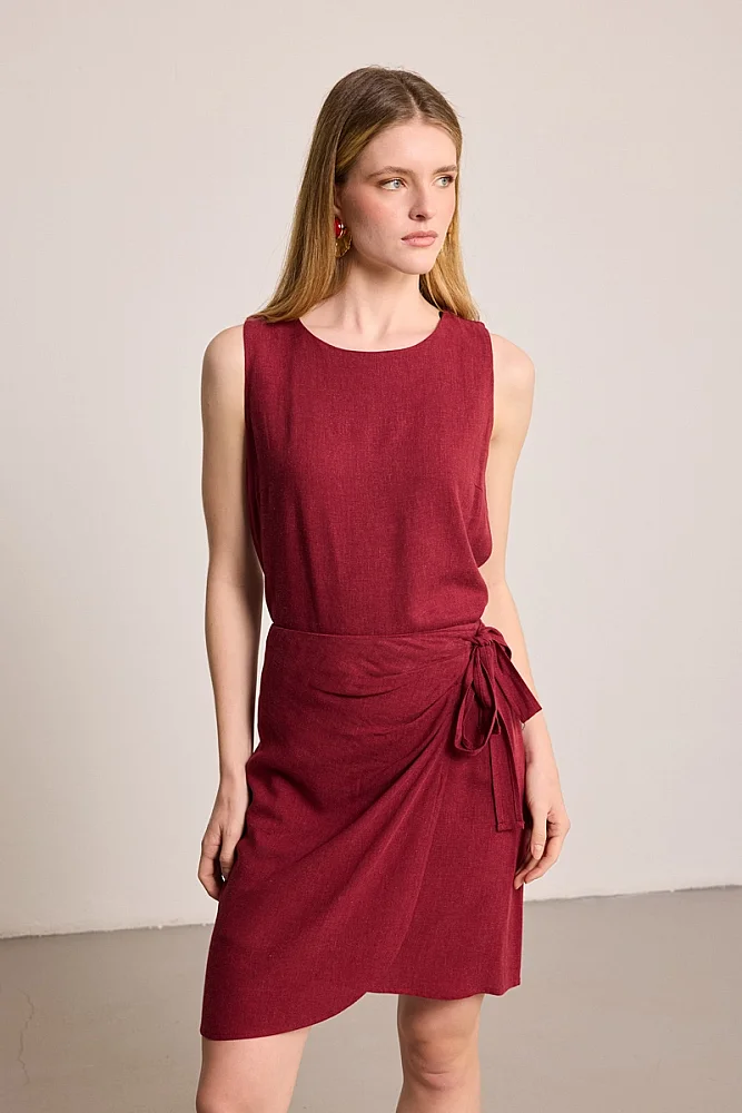Wrap Mini Linen Skirt - Burgundy