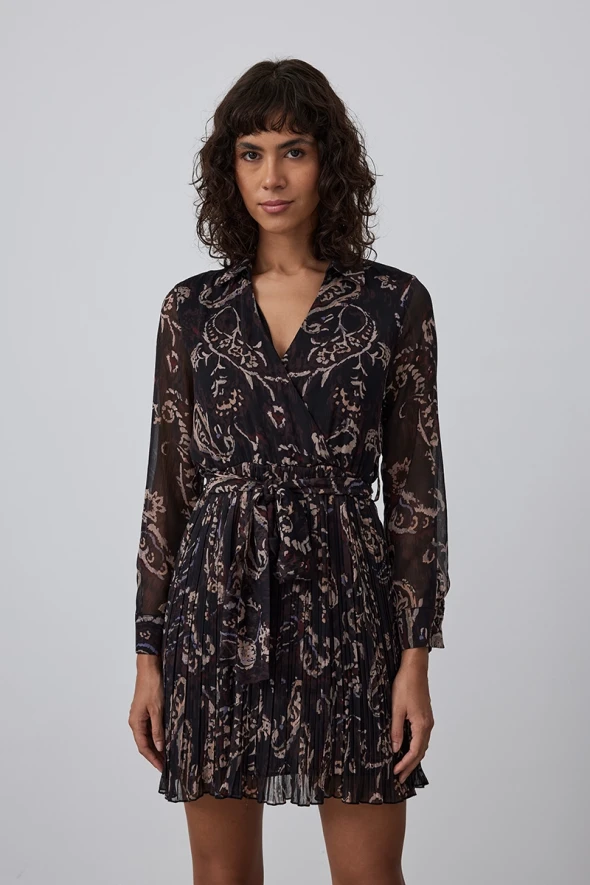 Wrap Patterned Dress with Waist Belt - Black - 2