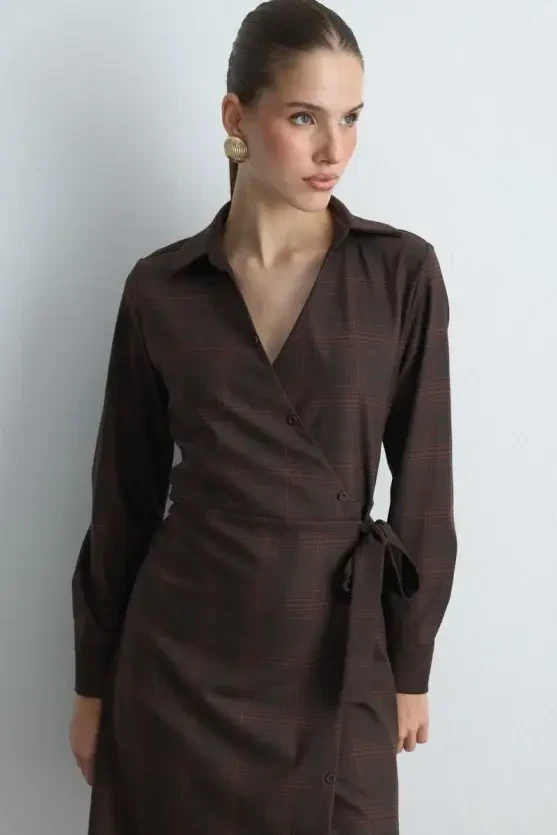 Wrap Plaid Fabric Dress - Brown - Gusto