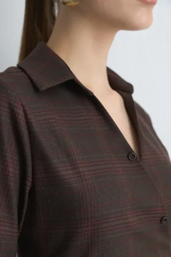 Wrap Plaid Fabric Dress - Brown - Gusto