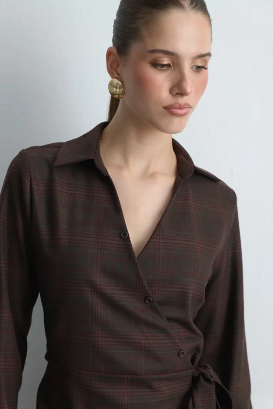 Wrap Plaid Fabric Dress - Brown - Gusto