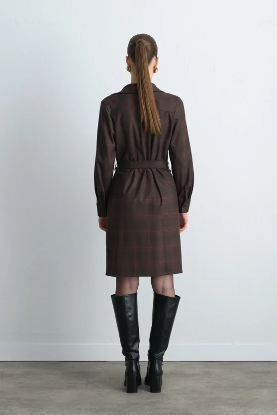 Wrap Plaid Fabric Dress - Brown - Gusto