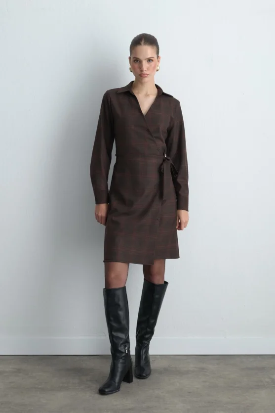 Wrap Plaid Fabric Dress Brown - 2