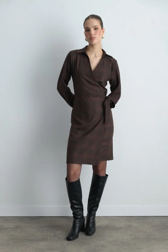 Wrap Plaid Fabric Dress Brown - Gusto